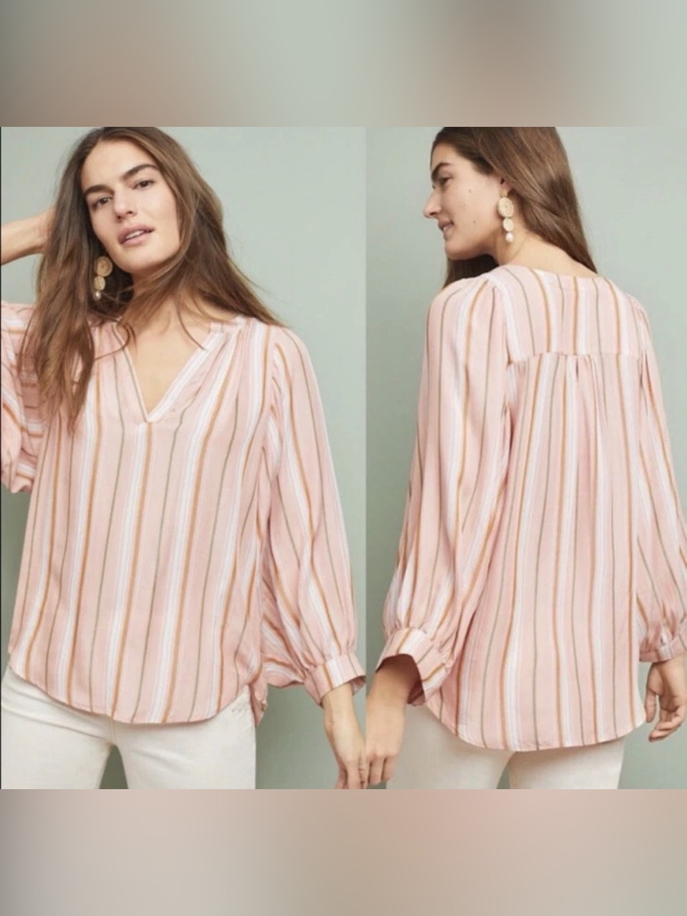 Anthropologie Maeve Pink Brenda Striped Balloon Sleeve Blouse size XS H2